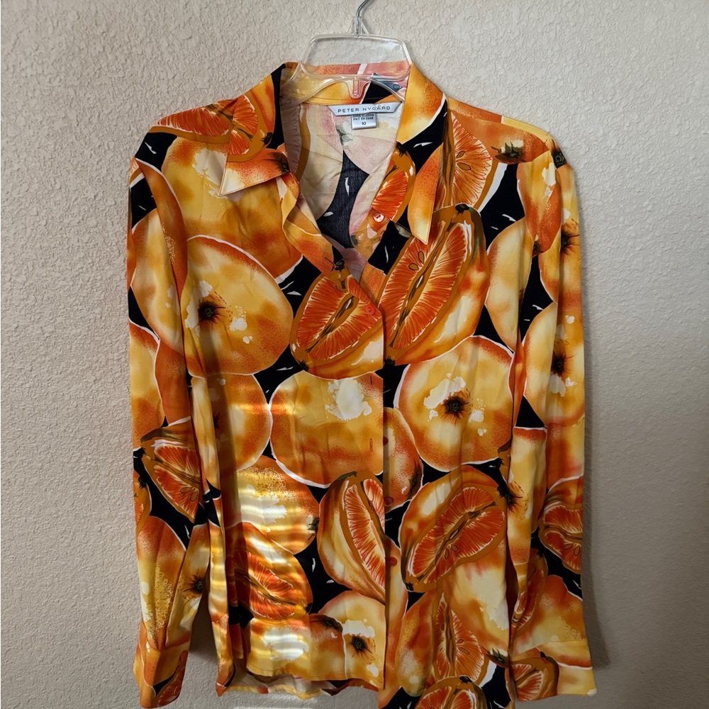 Orange Fruit Print Button-Up Shirt